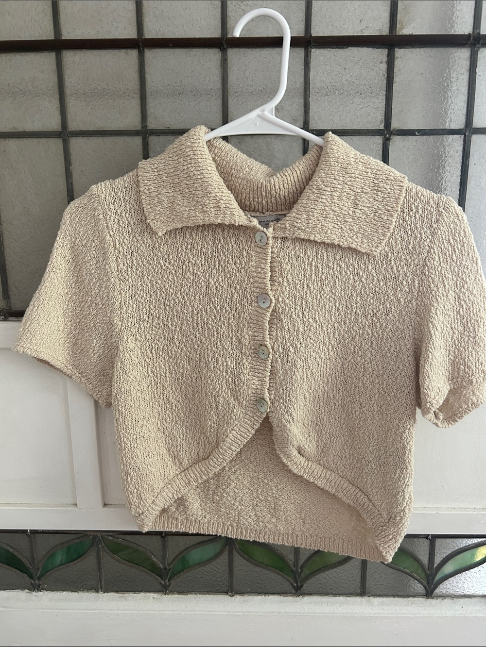 Zara Cream Textured Knit Short-Sleeve Button Top